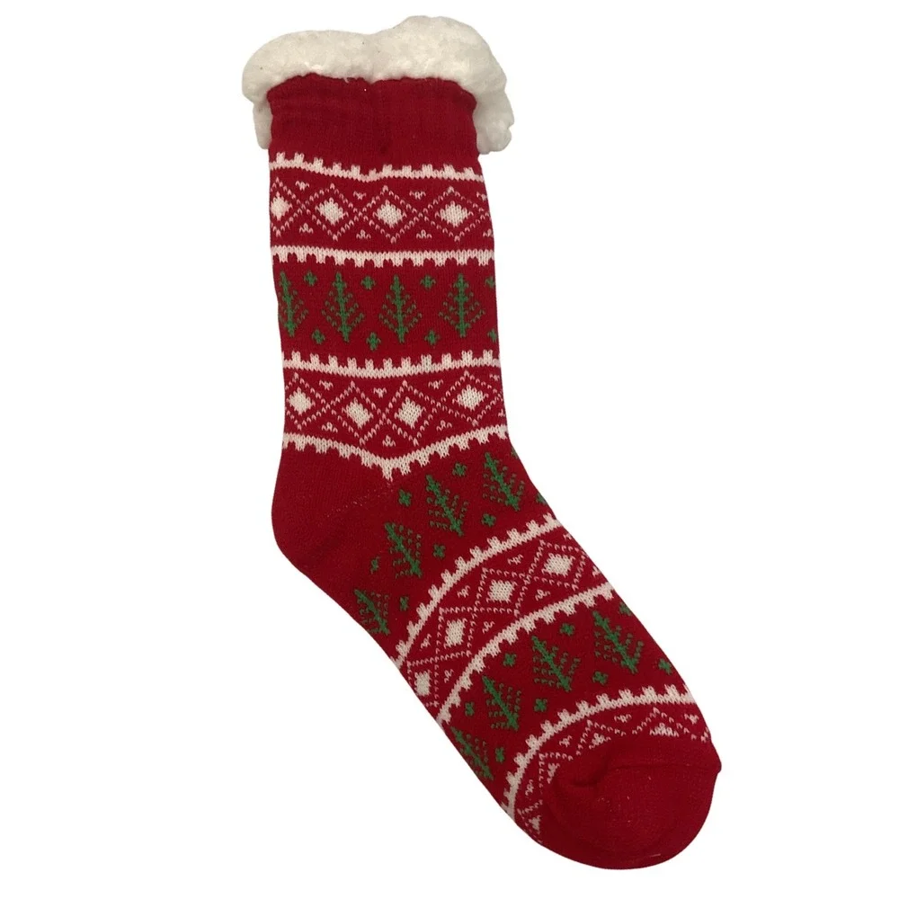 Red Fair Isle Christmas Tree Slipper Socks Fleece Lined Holiday Gift NWT